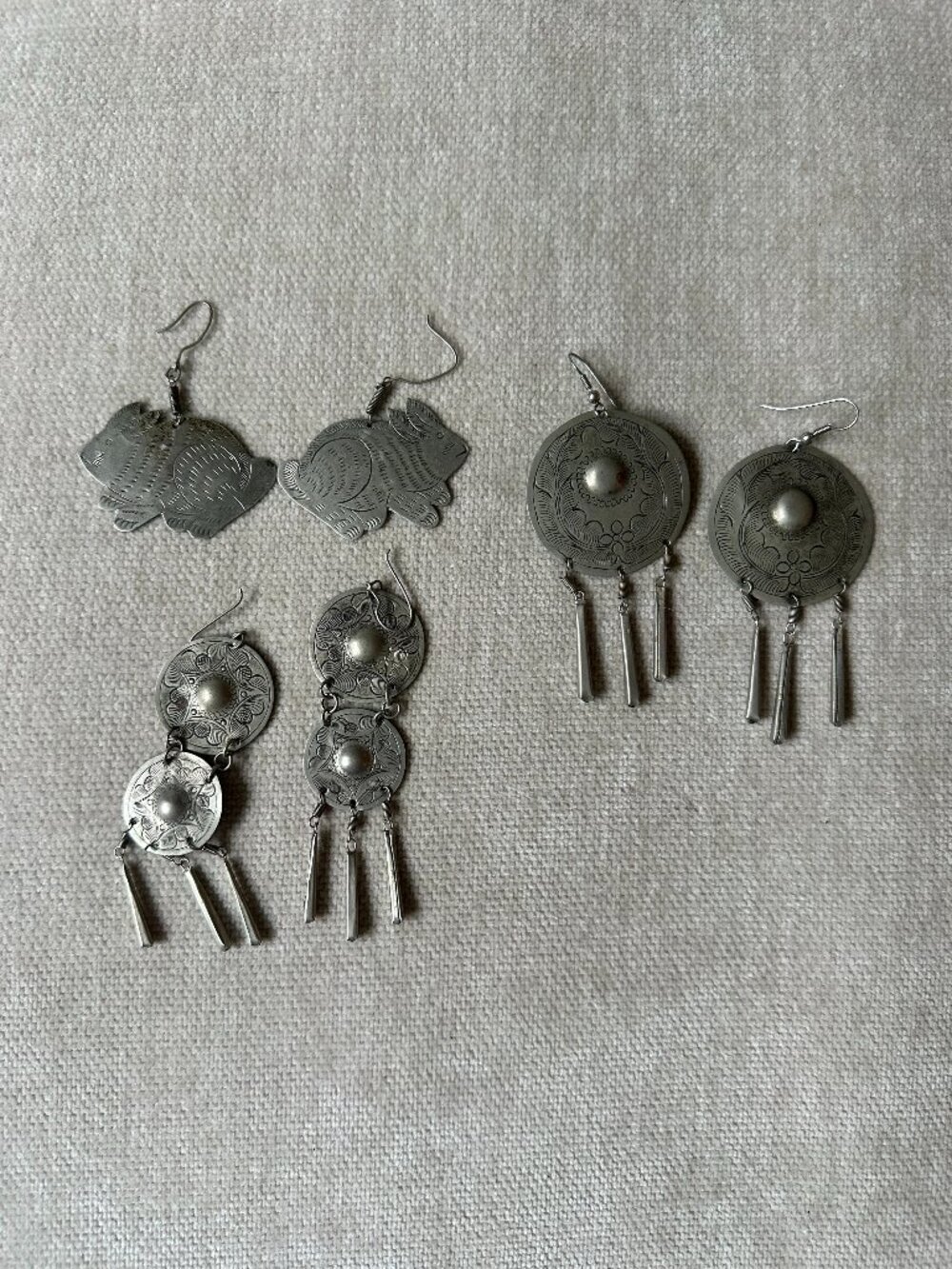 vintage silver toned dangle earring lot of 3 - boho folkart rabbit earrings